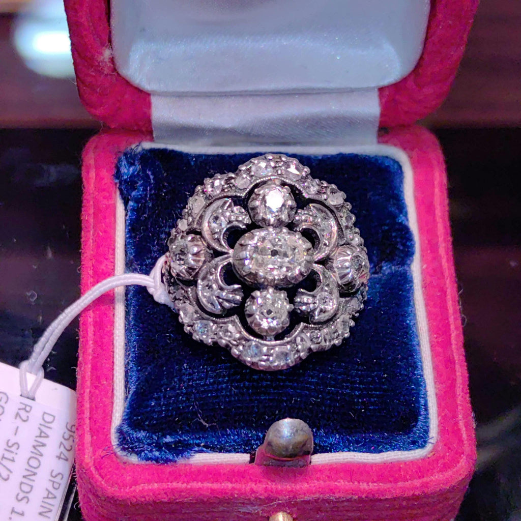 Vintage Art Deco Diamond Cocktail Ring: 18k Yellow Gold Flower Halo, Size 9.5