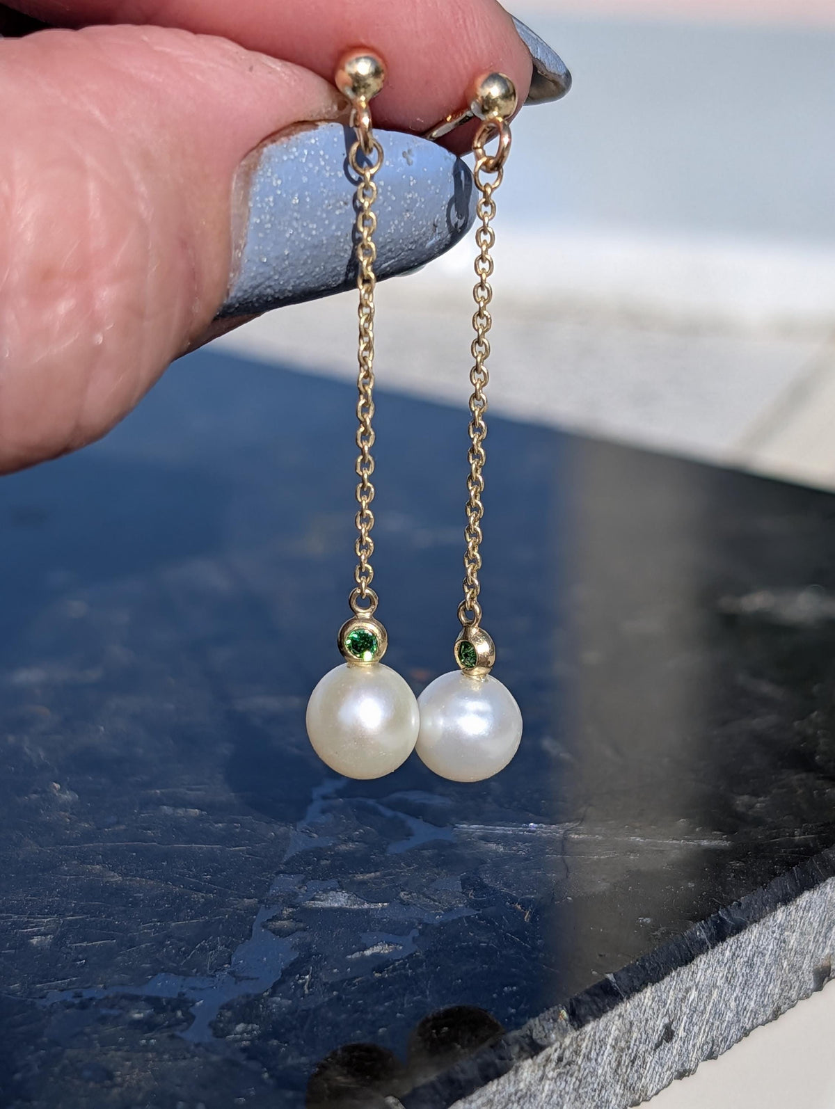 1950s Mid Century Natural Emerald Pearl 14k Yellow Gold Earrings, Vintage Hallmarked Dangle Chain Earrings, Gift for Her