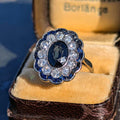 1920s French Art Deco Platinum Sapphire Diamond Ring – European Cut Statement Piece