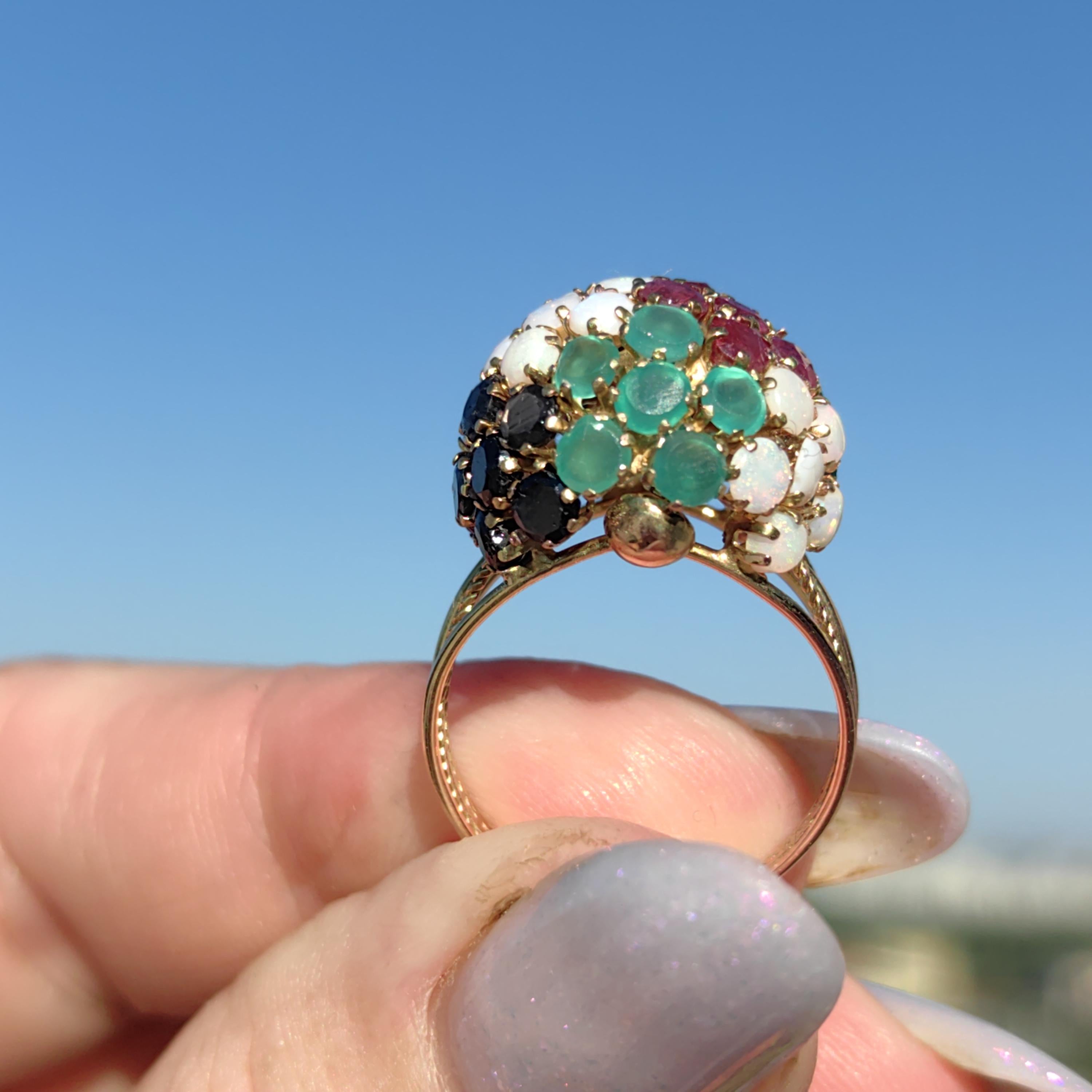 14k Gold Multi-Stone Bombe Ring: Emerald, Ruby, Opal, Sapphire Floral Design