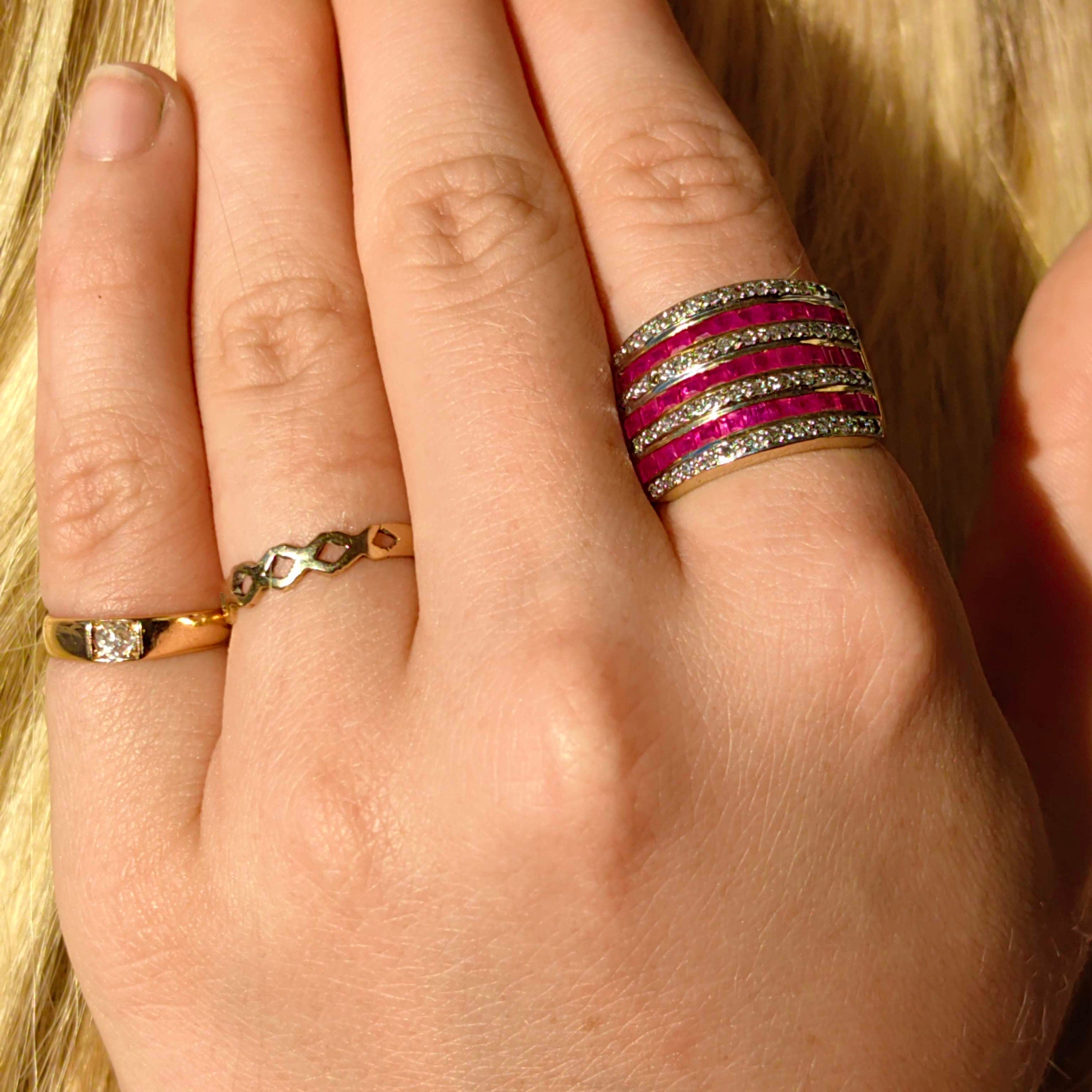 Vintage 18k Solid Yellow Gold Natural Raspberry Red Ruby and Diamond Statement Wide Ring Unisex Size 7.25