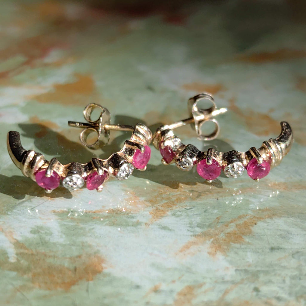 Vintage 14k Yellow Gold Ruby & Diamond Hoop Earrings
