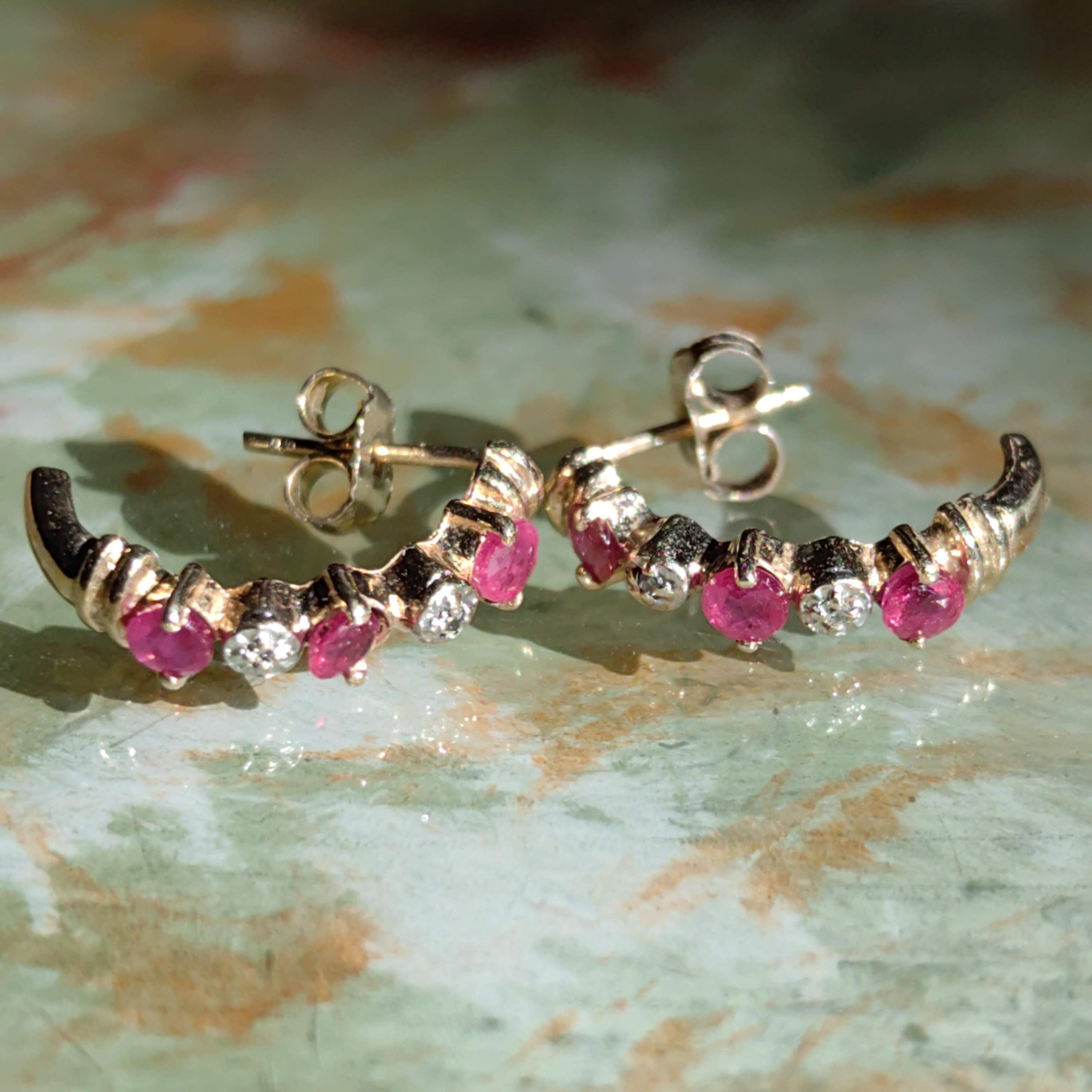 Vintage 14k Yellow Gold Ruby & Diamond Hoop Earrings