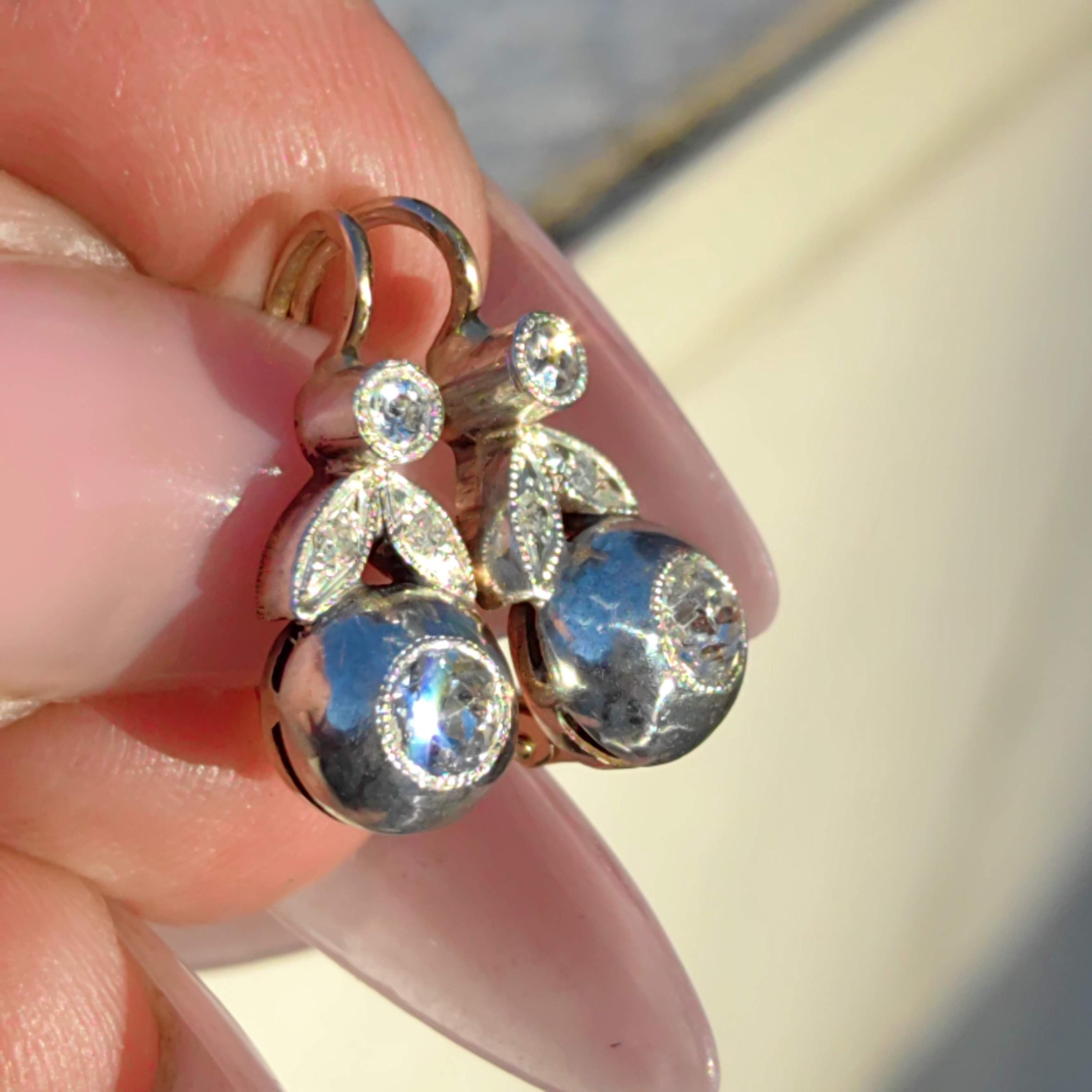 Art Nouveau 1900s Diamond "Buds" Dangle Earrings Antique 14k Yellow Rose Gold Floral Jewelry Gift Present