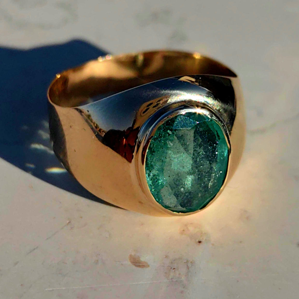 Emerald Hallmarked 14k 585 Hallmarked Solid Yellow Rose Champagne Gold Vintage 1930s Oval Natural Emerald Band Solitaire Ring Gift Present
