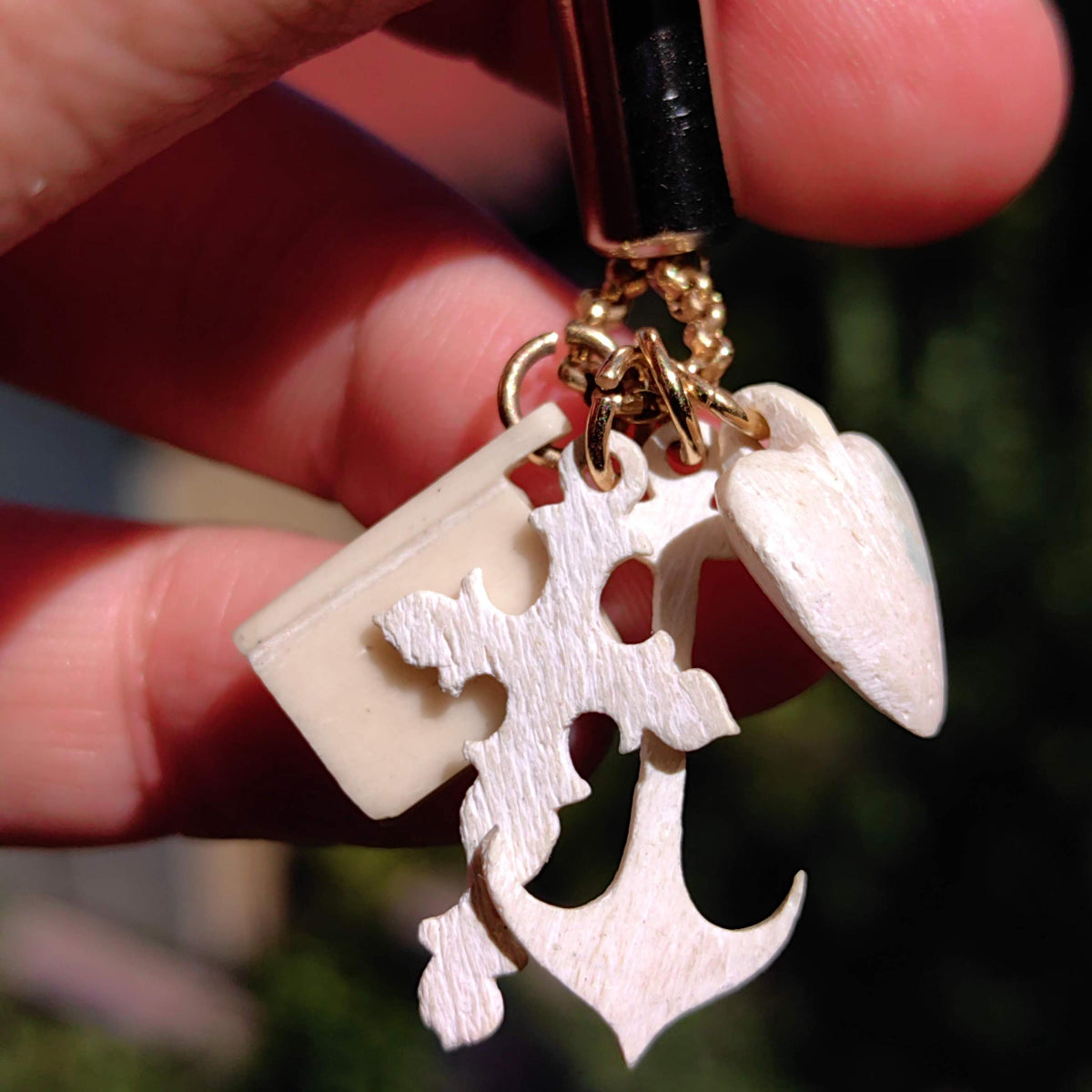 Victorian Bone Charm Pendant: 14k Gold Heart, Cross, Anchor, Book