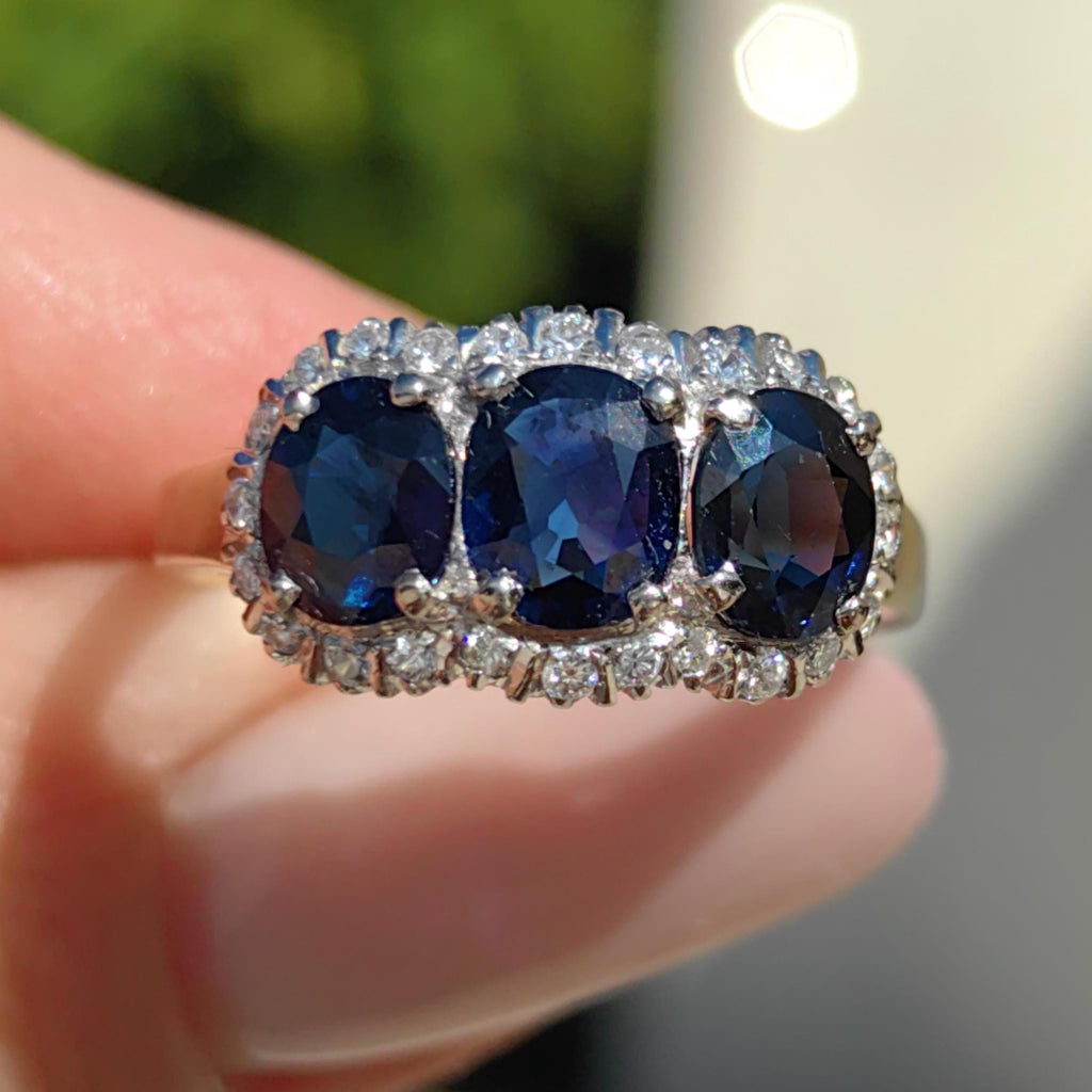 Victorian Style Sapphire Diamond Ring: 14k Yellow Gold, 1950s Vintage