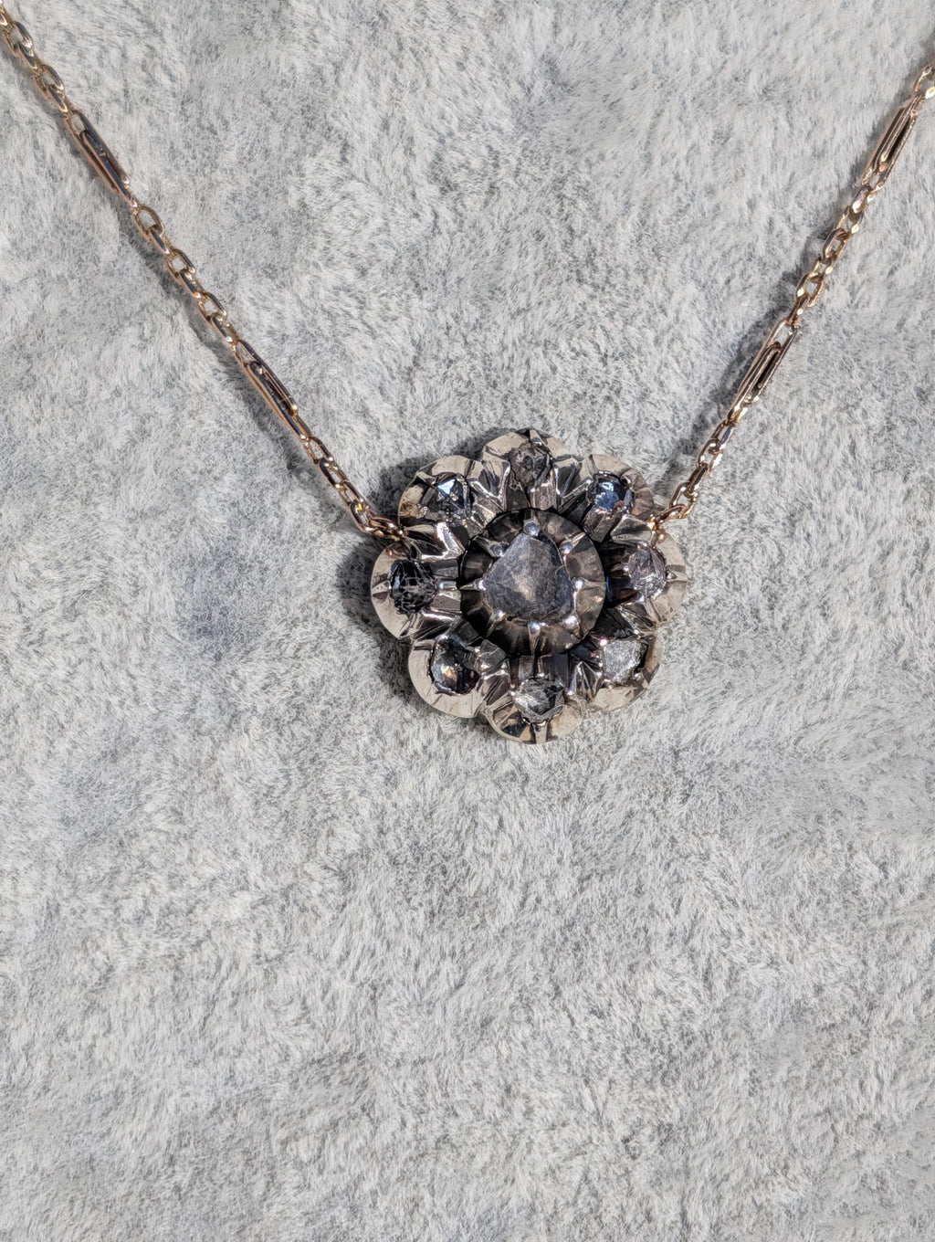 Antique Rose Cut Diamond Pendant Necklace 14k Yellow Rose Gold Silver Setting, Victorian 1880s Floral Romantic Gift for Her