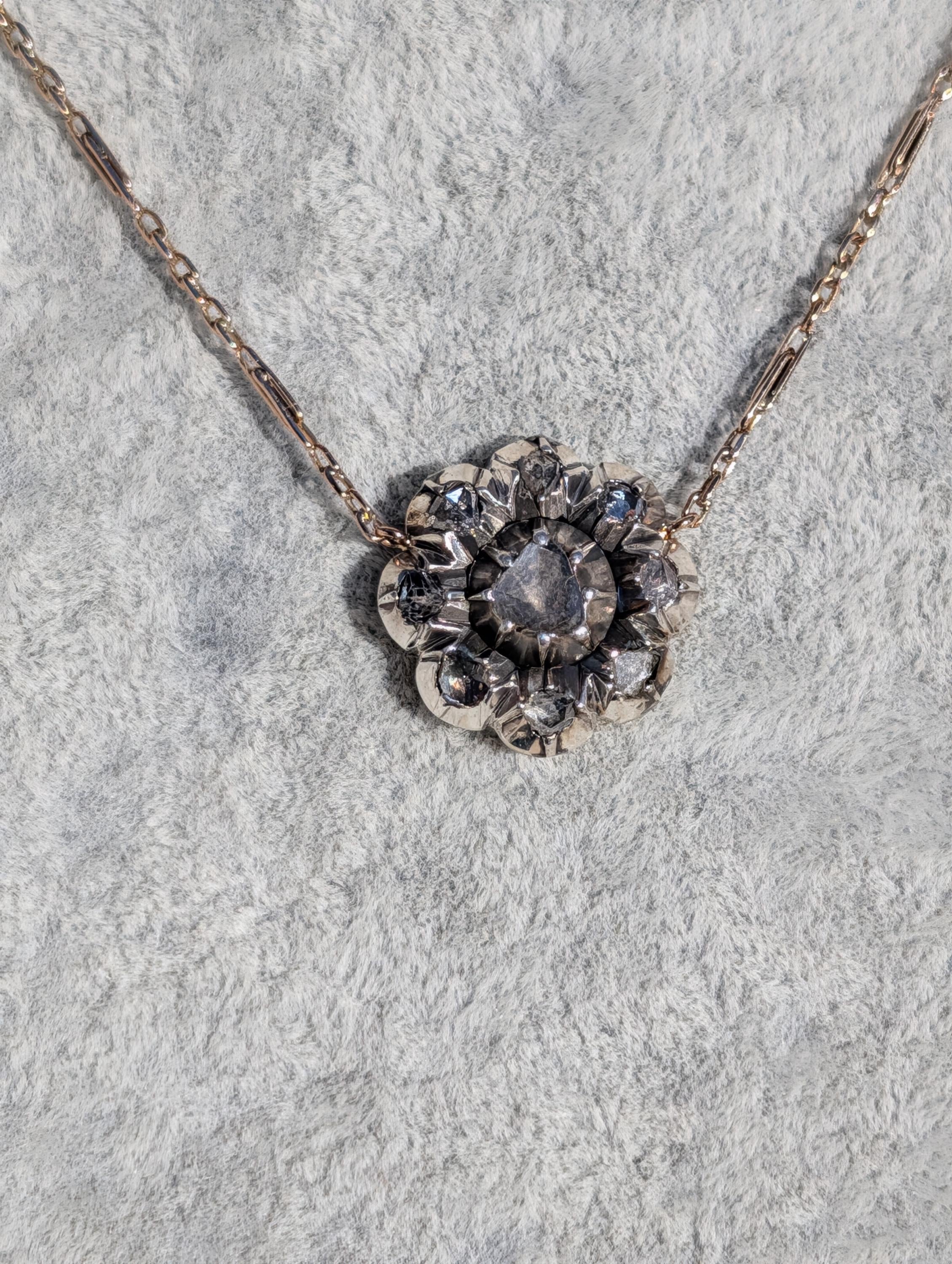 Antique Rose Cut Diamond Pendant Necklace 14k Yellow Rose Gold Silver Setting, Victorian 1880s Floral Romantic Gift for Her