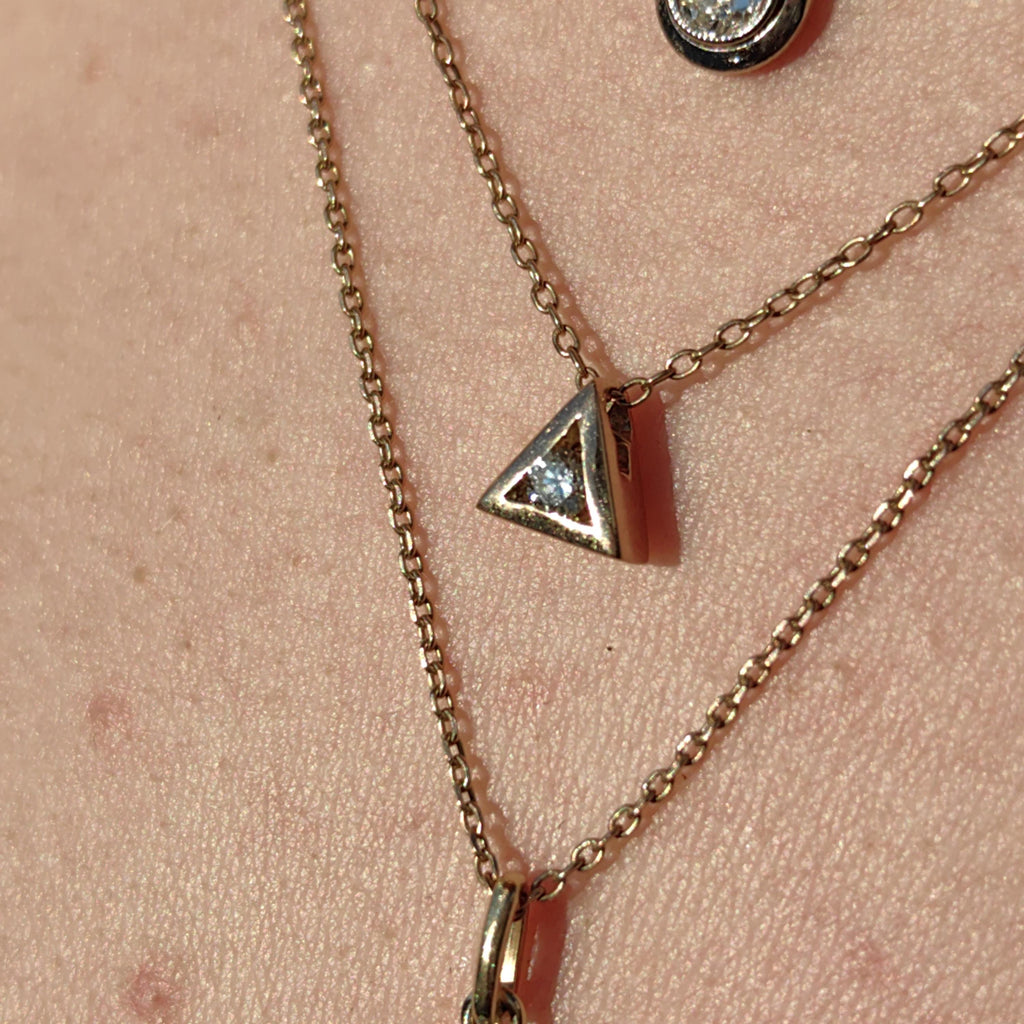 Solitaire Diamond Solid 14k Yellow Gold Vintage Geometric Triangle Pyramid Elegant Necklace Gift for Her