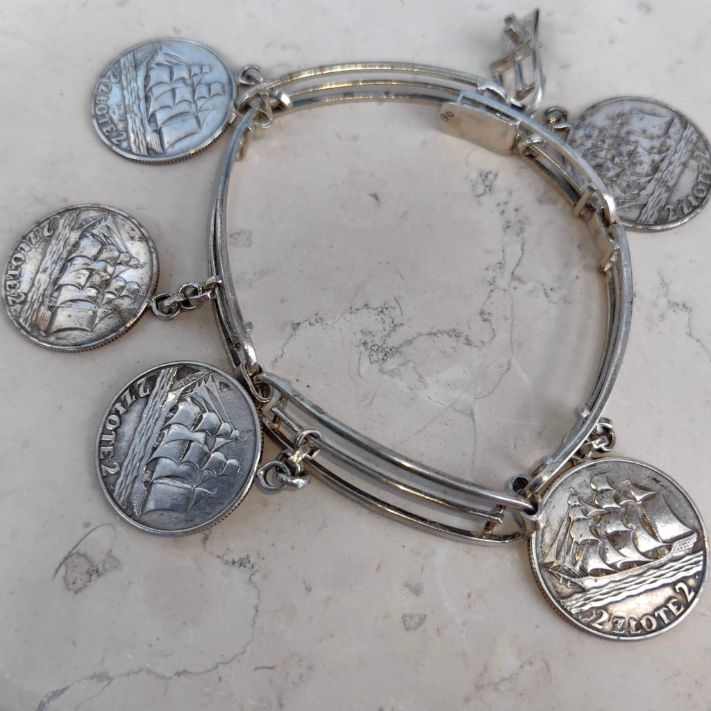 Vintage Sterling Silver Polish Ship Coin Charm Bracelet: Nautical Jewelry