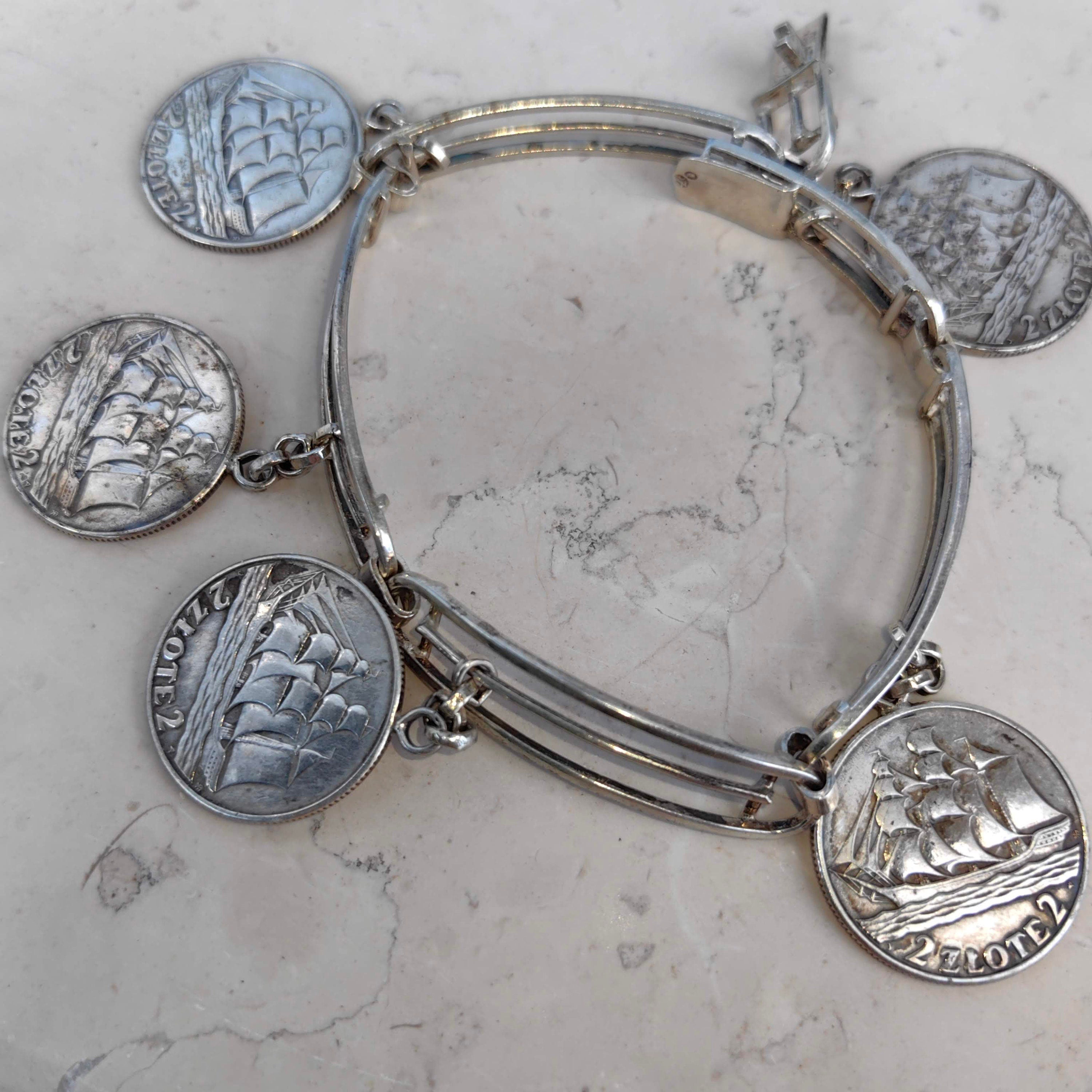 Vintage Sterling Silver Polish Ship Coin Charm Bracelet: Nautical Jewelry