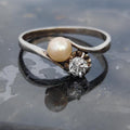Art Deco Antique Vintage 1940s Cultured Natural Pearl Diamond 18k Solid White Gold Two Stone Wave Elegant Ring Gift for Her