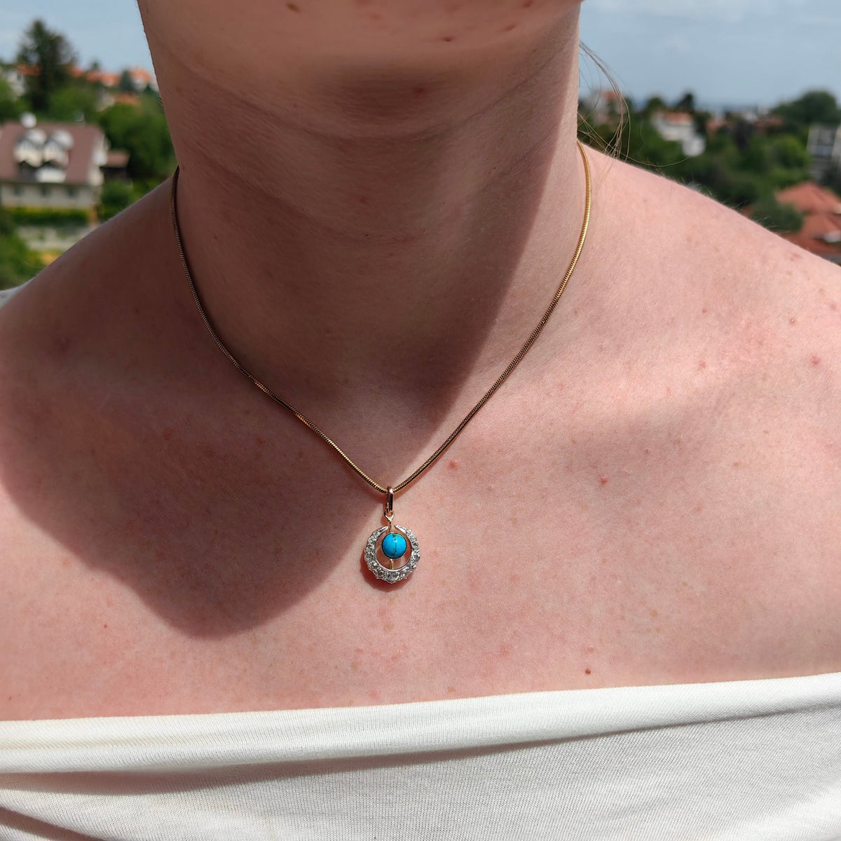 Art Nouveau Antique Vintage Turquoise and Diamond Gold Moon Pendant