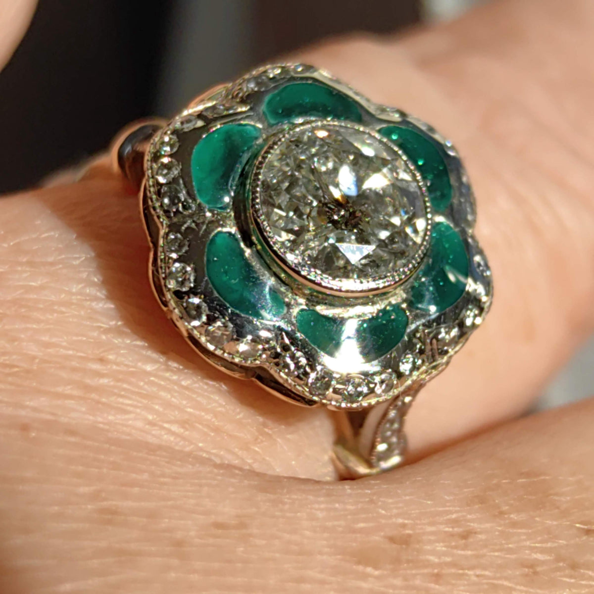Art Deco Diamond Enamel Ring: 2.15ct Old European Cut, 14k Yellow Gold