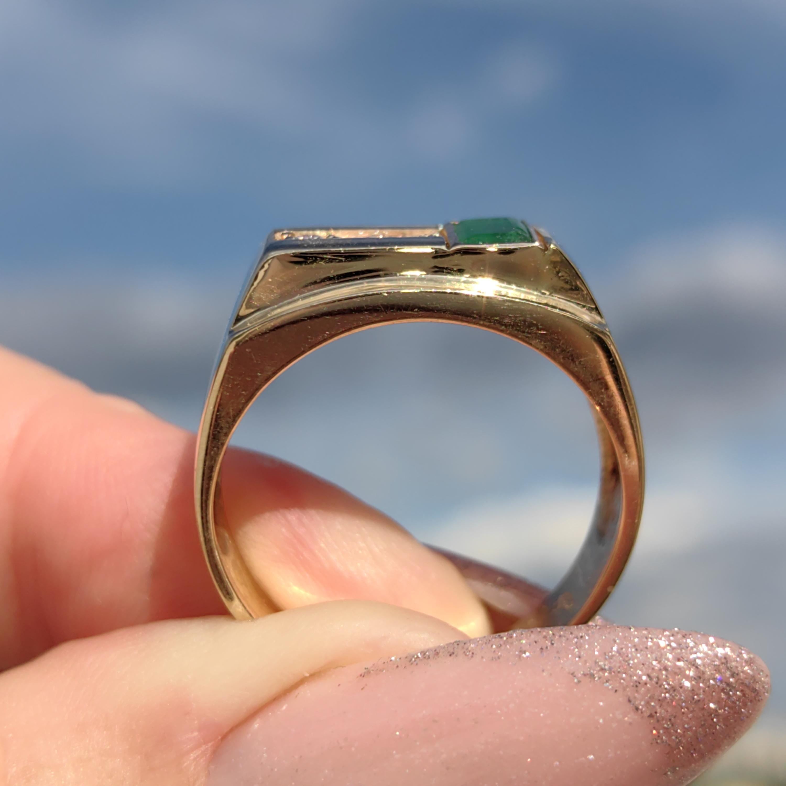 14k Yellow Gold Emerald & Diamond Ring: 1980s Geometric Statement