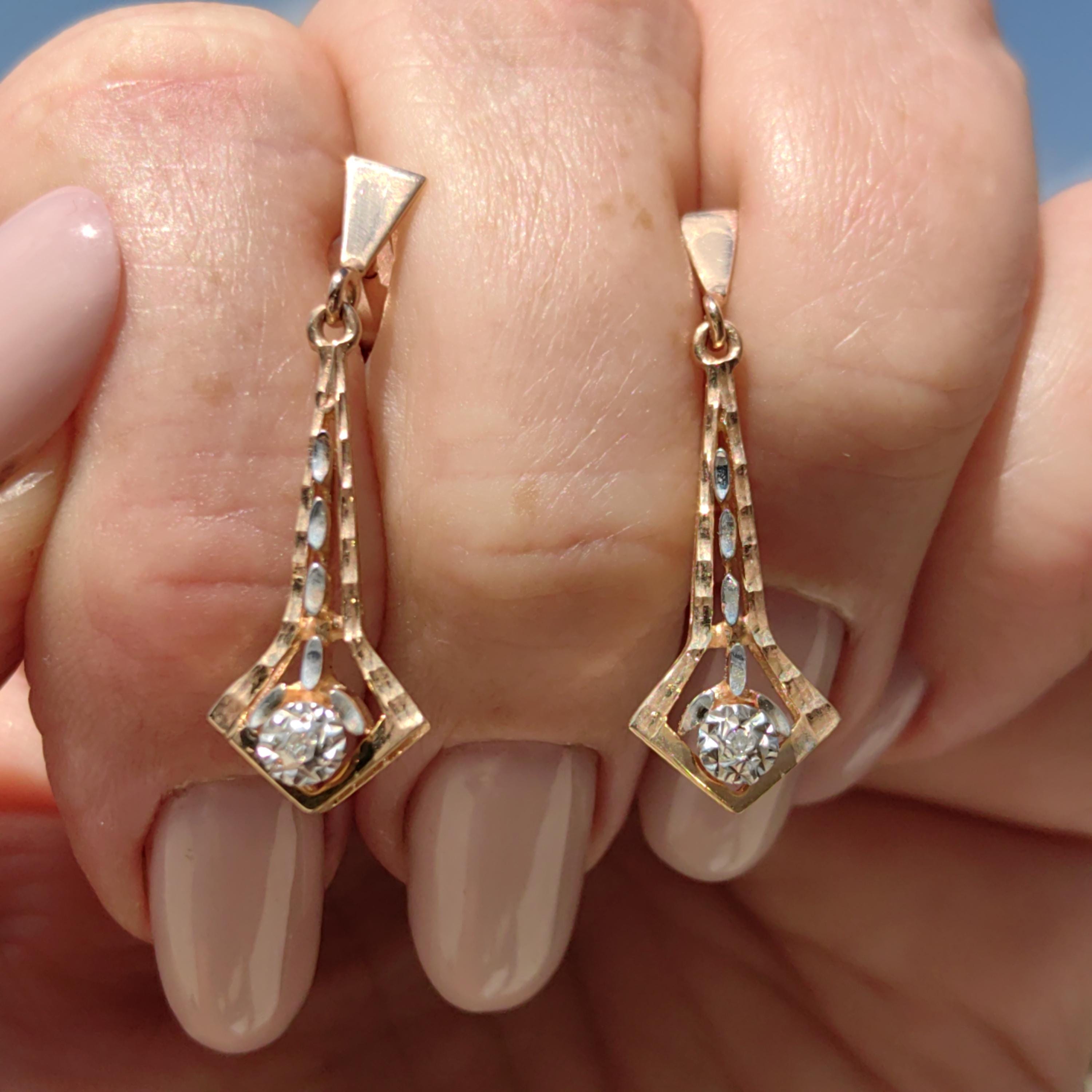 Vintage Diamond Dangle Earrings: Champagne Rose Gold, Hallmarked