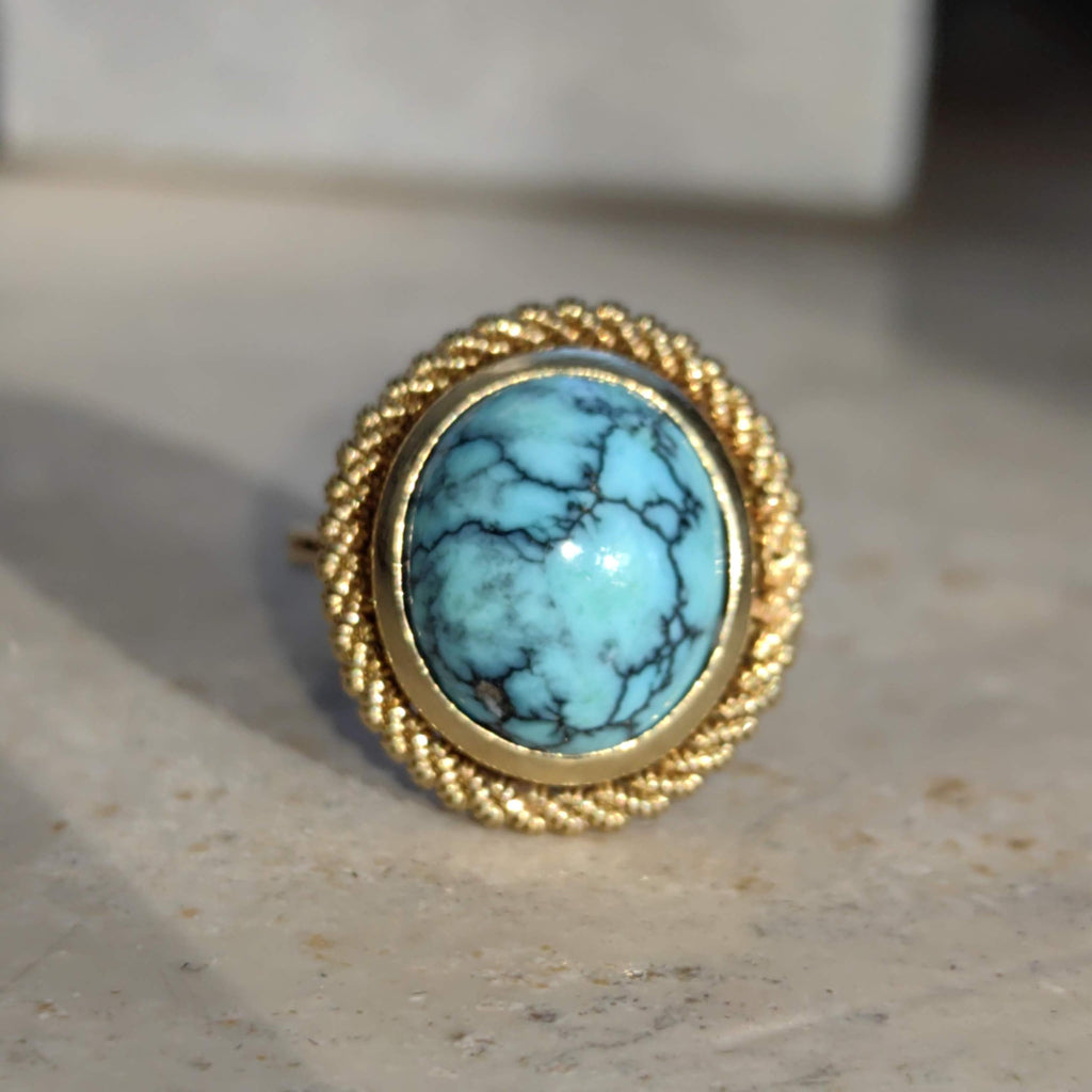 Art Deco 18k Gold Turquoise Ring: Mid Century Statement Jewelry