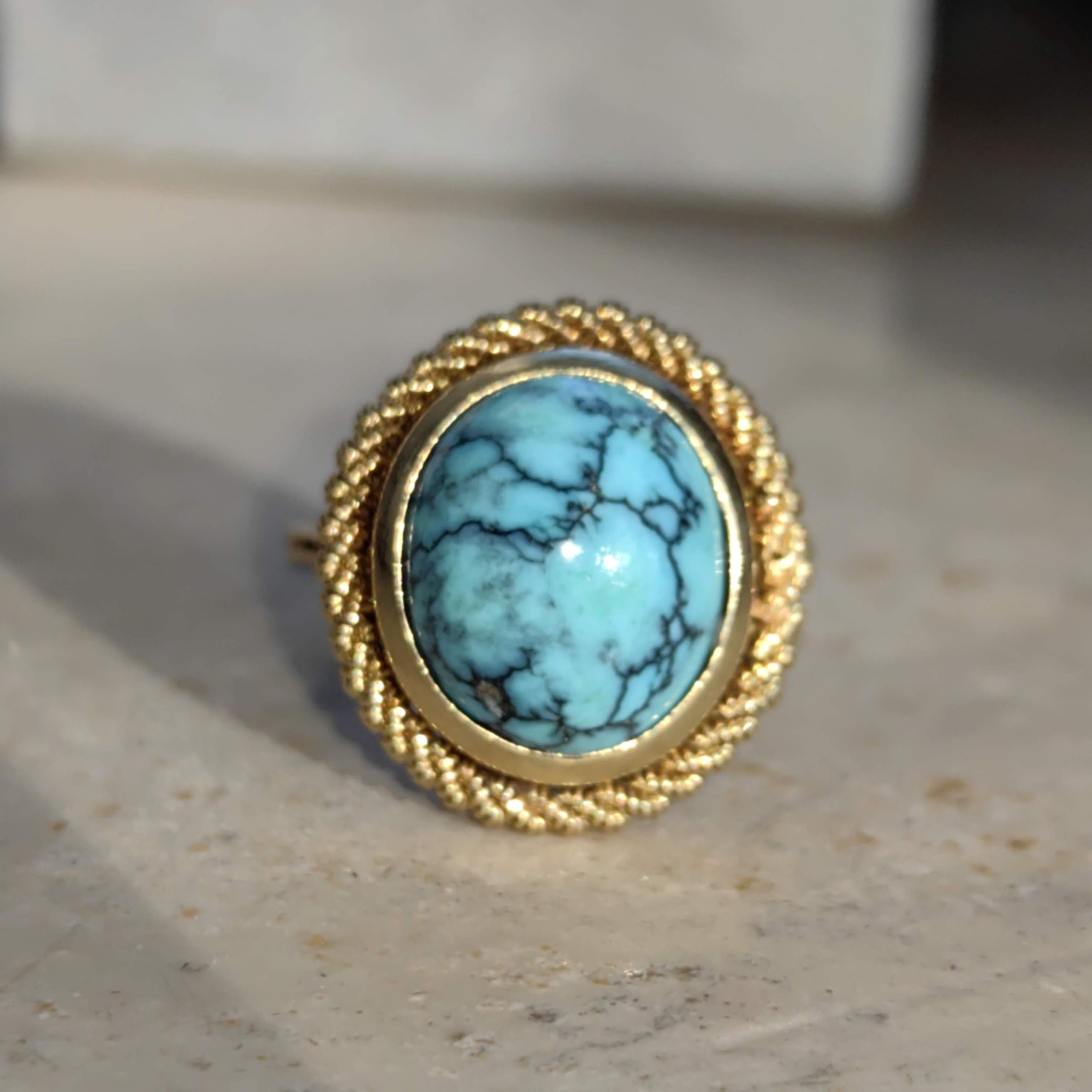 Art Deco 18k Gold Turquoise Ring: Mid Century Statement Jewelry
