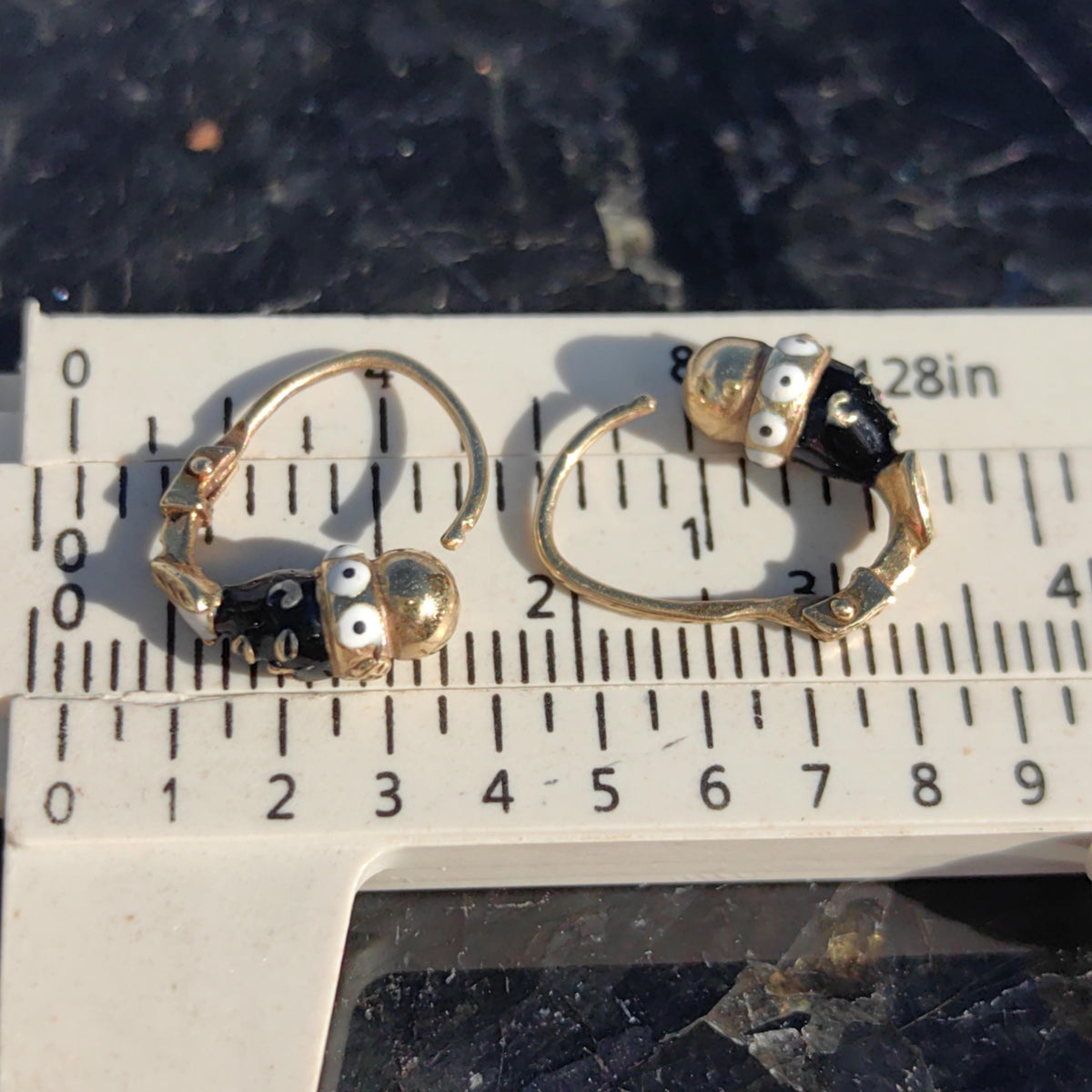 Antique Moor Sleepers Moretti Vintage Dormeuses Enamel Solid 14k Yellow Gold rear Closure, Art Deco Dainty Red Gold Black Earrings