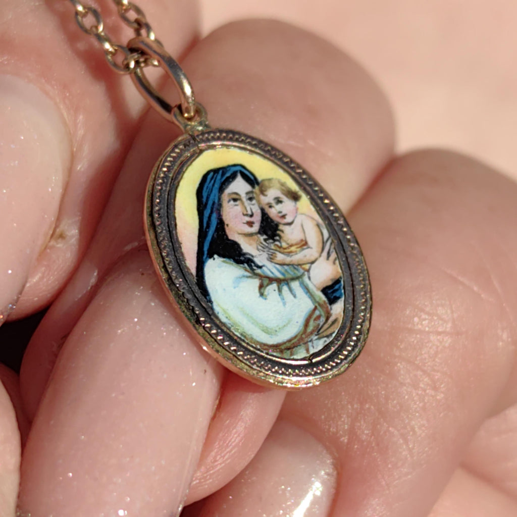 Antique Art Nouveau 14k Gold Madonna Pendant, Hand Painted Enamel Virgin Mary Baby Jesus