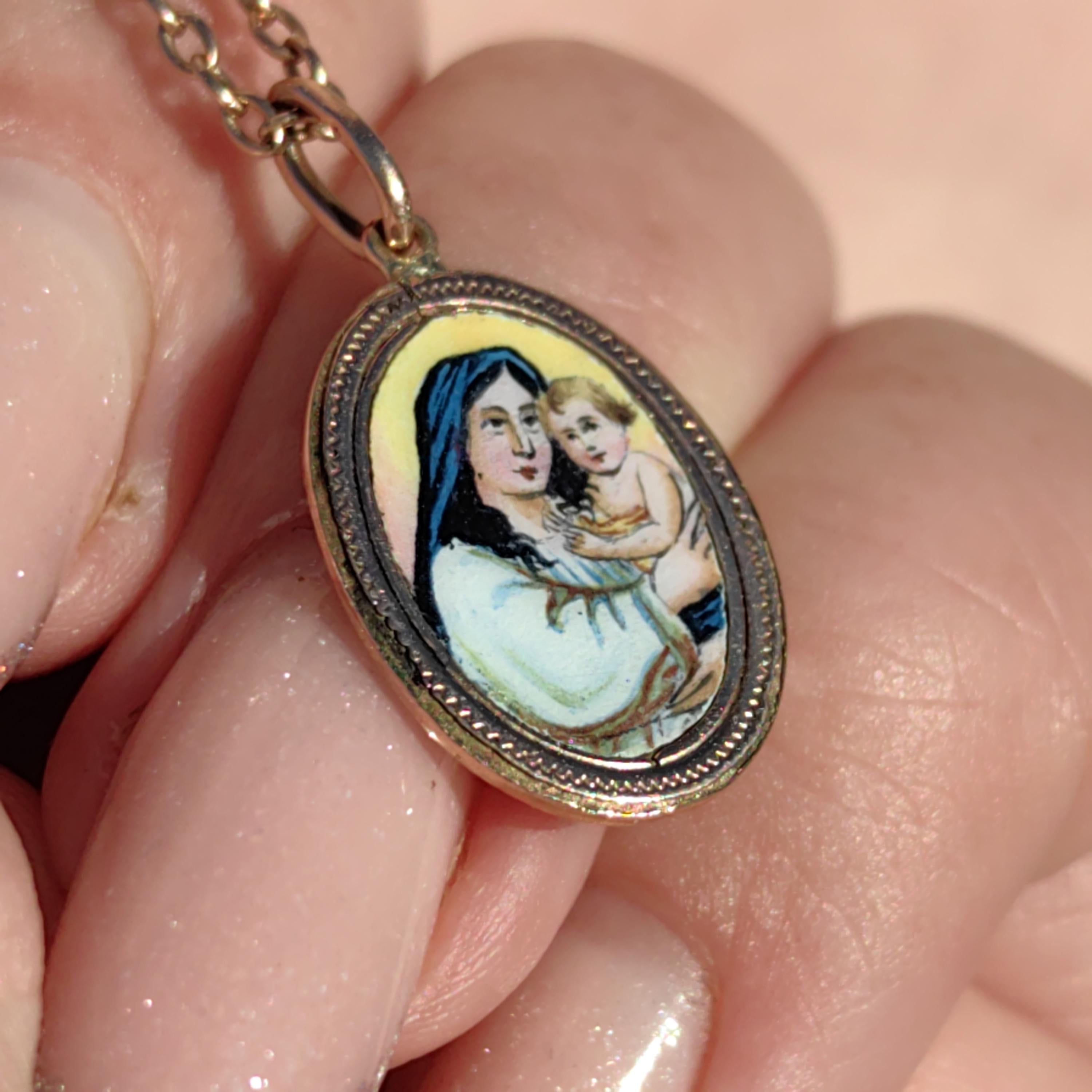 Antique Art Nouveau 14k Gold Madonna Pendant, Hand Painted Enamel Virgin Mary Baby Jesus