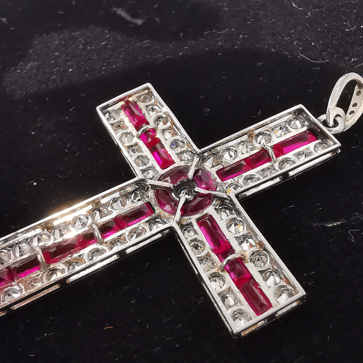 Huge Diamond and Ruby Platinum Vintage Edwardian Cross Pendant