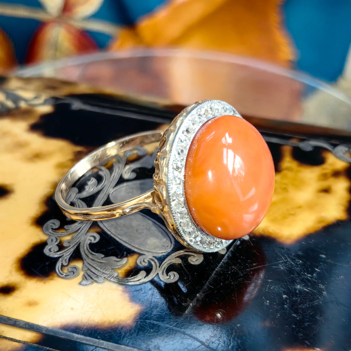 Art Deco Coral Diamond Ring: 1930s Platina Setting, 14k Gold