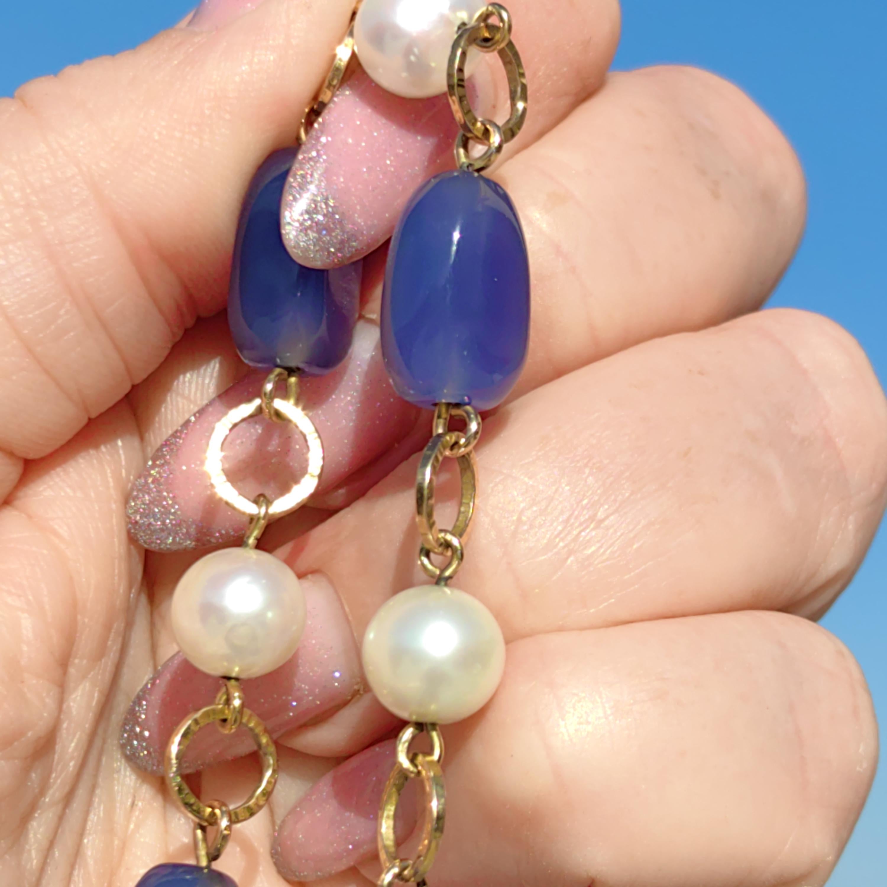 1960s Blue Chalcedony Pearl Bracelet: 18k Gold Beaded Chain