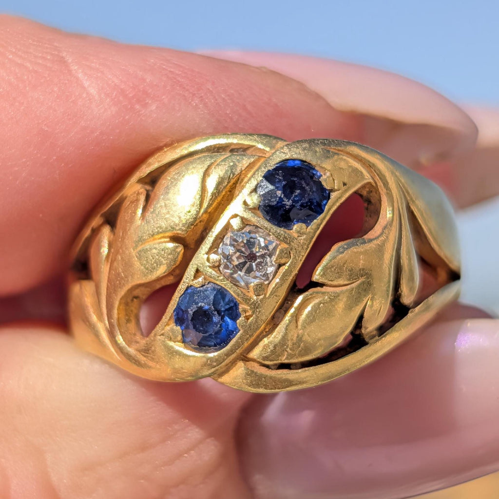 Victorian 1880s Sapphire Diamond Three Stone Ring 19K Gold Laurel Leaf Wide Band Antique US Duty Free HTS 9706