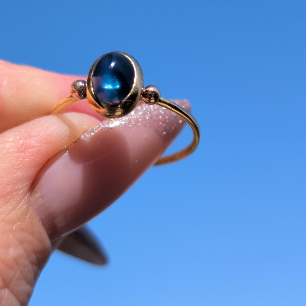 1920s Art Deco Antique Vintage Blue Natural Cabochon Sapphire Solid Yellow Gold Dainty Ring Sapphire Engagement Ring Gift for Her Present