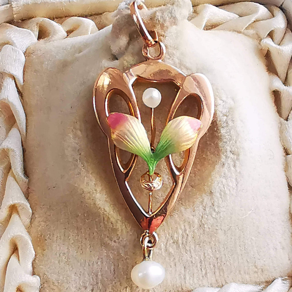 Art Nouveau 1900s French Pearl and 14k Solid Yellow Rose Champagne Gold Enamel Floral Statement Pendant Elegant Gift for Her