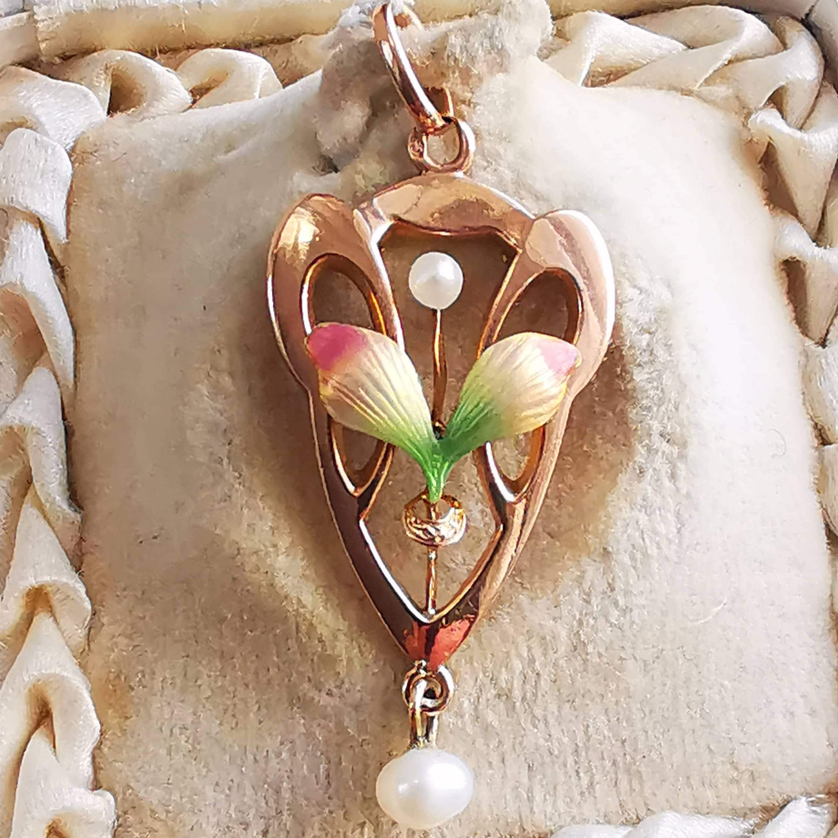 Art Nouveau 1900s French Pearl and 14k Solid Yellow Rose Champagne Gold Enamel Floral Statement Pendant Elegant Gift for Her