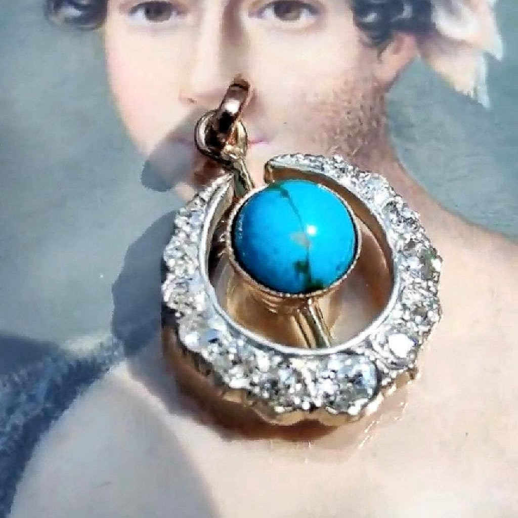 Antique 1900s Art Nouveau Turquoise Diamond Crescent Moon Pendant, 14K Gold 0.48ct Old European Cut, HTS 9706