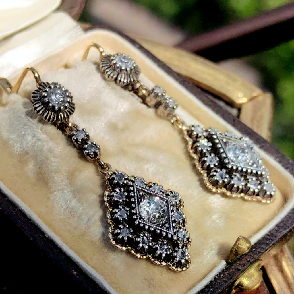 Antique 1920s 1.40ct Diamond Dangle Earrings, 18K Gold with Silver-Set Old European Cuts, HTS 9706