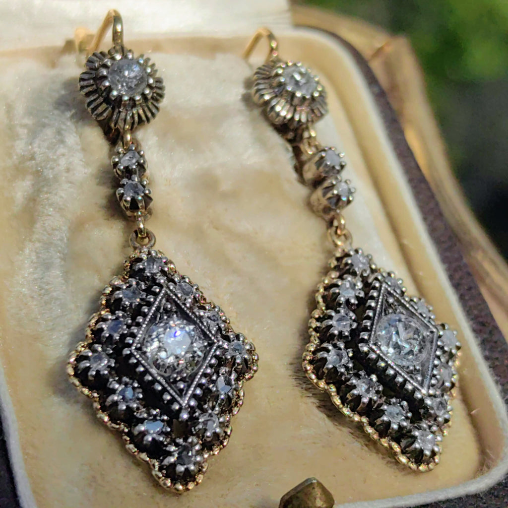 Antique 1920s 1.40ct Diamond Dangle Earrings, 18K Gold with Silver-Set Old European Cuts, HTS 9706