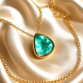 Vintage 1980s Colombian Emerald Pendant Necklace, 3ct Trillion Cut, 18K Gold Bezel, 14K Chain