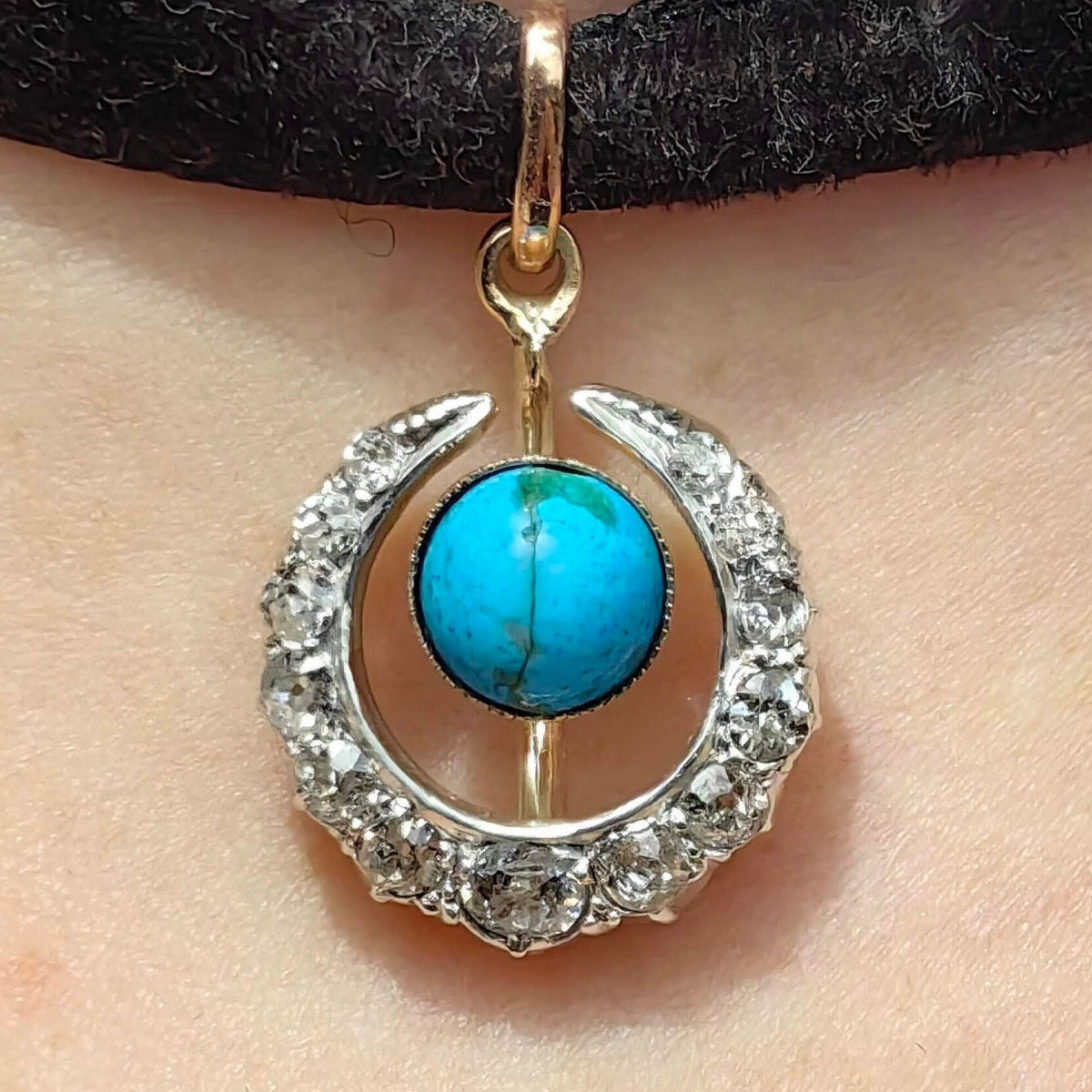 Antique 1900s Art Nouveau Turquoise Diamond Crescent Moon Pendant, 14K Gold 0.48ct Old European Cut, HTS 9706