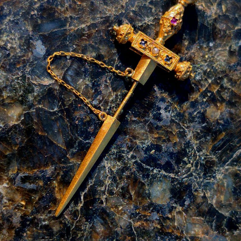 1890s Historicist 18k Gold Sword Brooch Stick Pin Natural Sapphires Ruby Pearl Filigree US Duty-Free HTS 9706 — photo 1