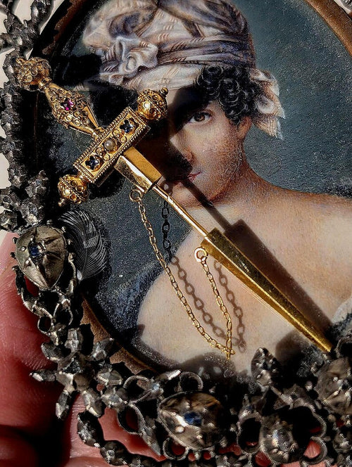 1890s Historicist 18k Gold Sword Brooch Stick Pin Natural Sapphires Ruby Pearl Filigree US Duty-Free HTS 9706 — photo 2