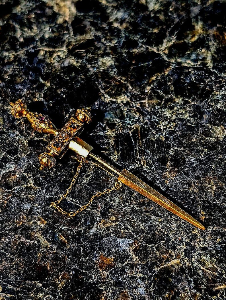 1890s Historicist 18k Gold Sword Brooch Stick Pin Natural Sapphires Ruby Pearl Filigree US Duty-Free HTS 9706 — photo 3