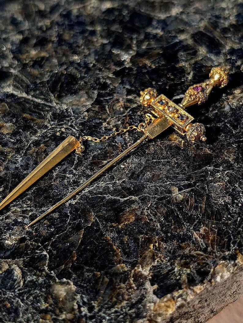 1890s Historicist 18k Gold Sword Brooch Stick Pin Natural Sapphires Ruby Pearl Filigree US Duty-Free HTS 9706 — photo 5