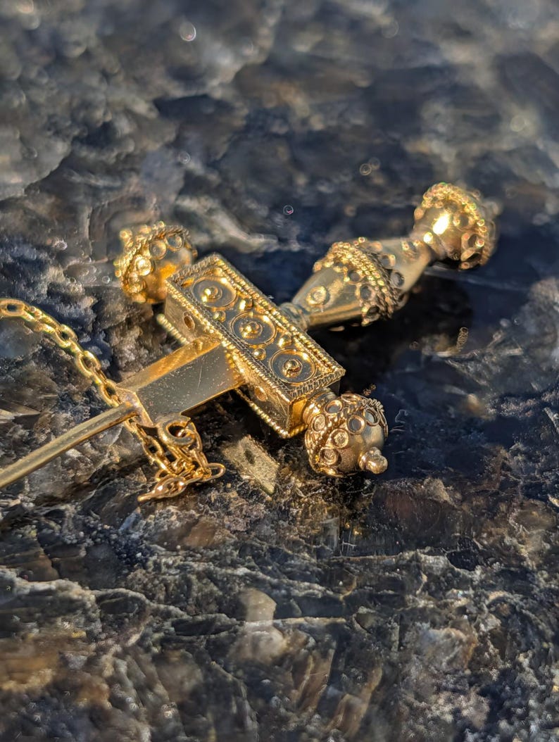1890s Historicist 18k Gold Sword Brooch Stick Pin Natural Sapphires Ruby Pearl Filigree US Duty-Free HTS 9706 — photo 8