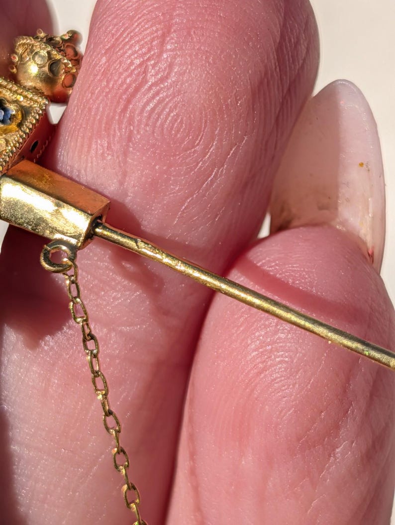 1890s Historicist 18k Gold Sword Brooch Stick Pin Natural Sapphires Ruby Pearl Filigree US Duty-Free HTS 9706 — photo 9