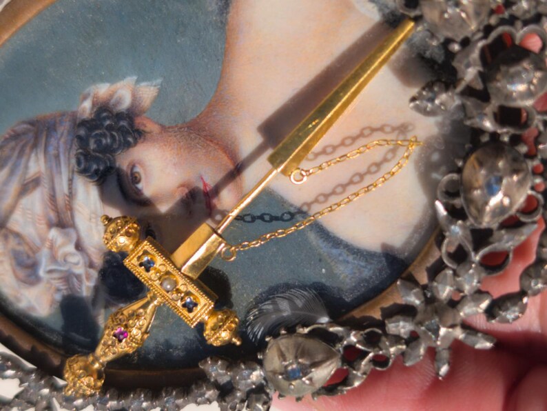 1890s Historicist 18k Gold Sword Brooch Stick Pin Natural Sapphires Ruby Pearl Filigree US Duty-Free HTS 9706 — photo 11