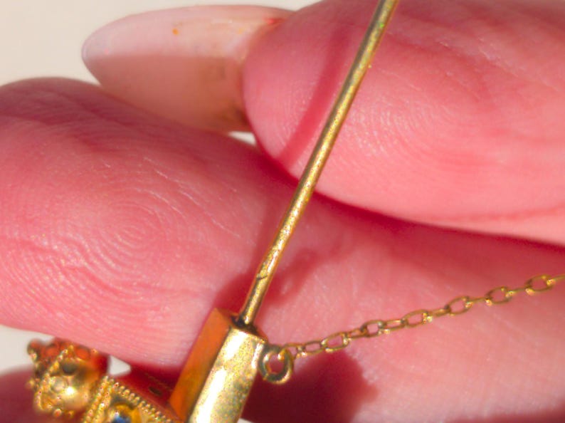 1890s Historicist 18k Gold Sword Brooch Stick Pin Natural Sapphires Ruby Pearl Filigree US Duty-Free HTS 9706 — photo 17