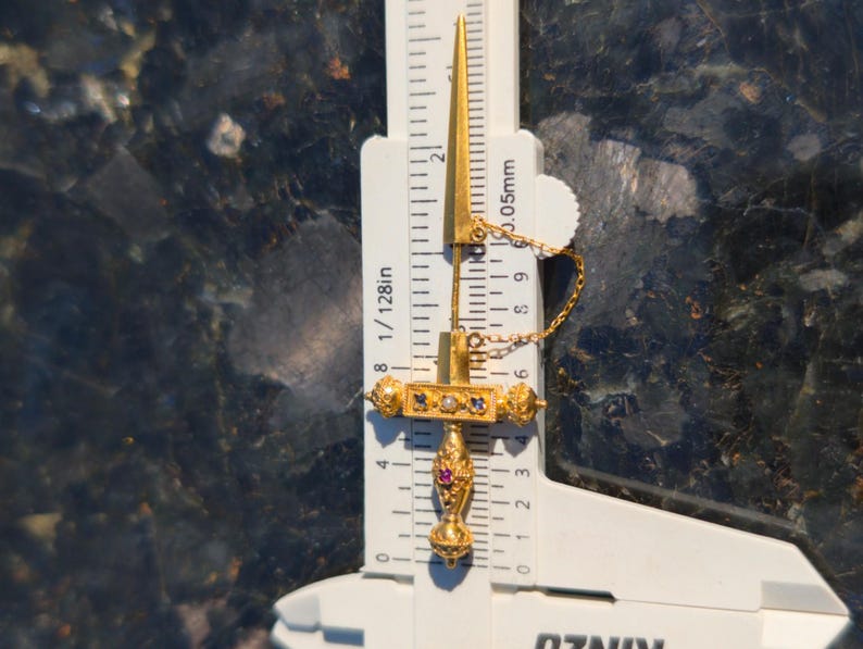 1890s Historicist 18k Gold Sword Brooch Stick Pin Natural Sapphires Ruby Pearl Filigree US Duty-Free HTS 9706 — photo 18