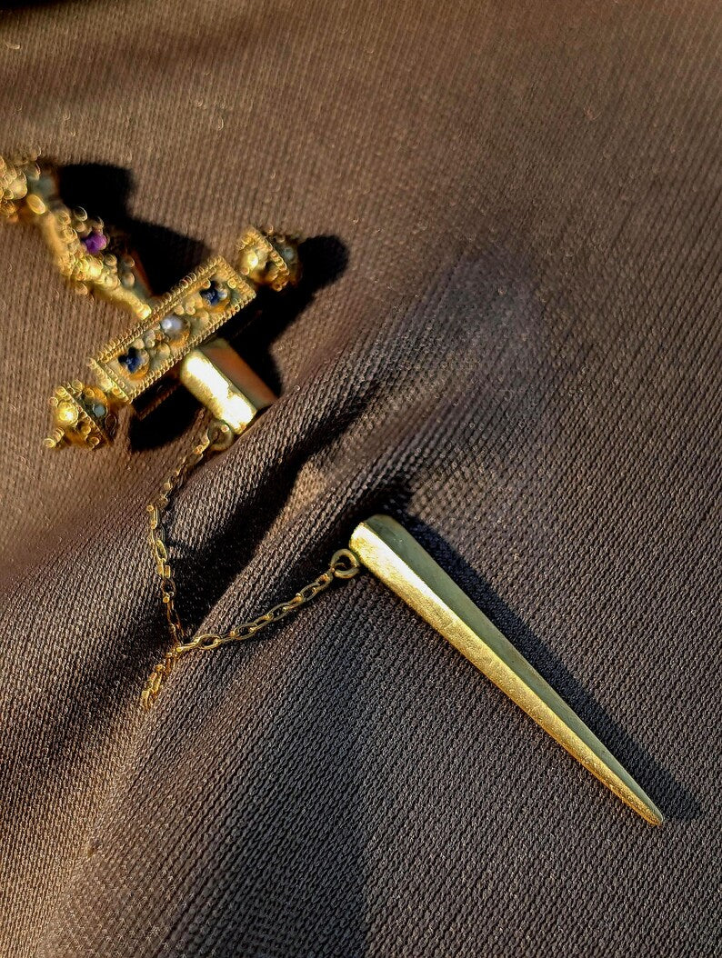 1890s Historicist 18k Gold Sword Brooch Stick Pin Natural Sapphires Ruby Pearl Filigree US Duty-Free HTS 9706 — photo 20