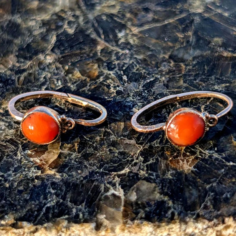 Circa 1900 Late Victorian 14k Yellow Champagne Rose Gold Mediterranean Coral Sleeper Hoop Earrings US Duty-Free HTS 9706 — photo 1
