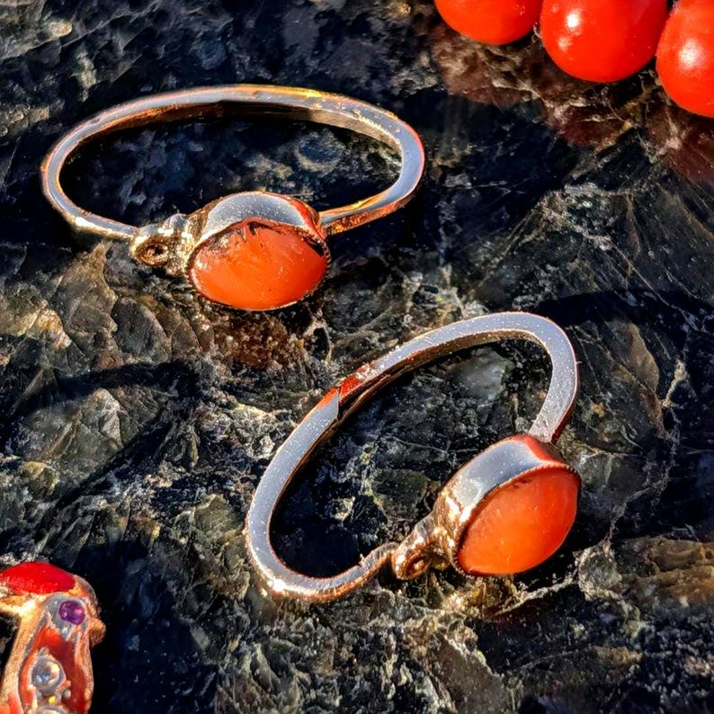 Circa 1900 Late Victorian 14k Yellow Champagne Rose Gold Mediterranean Coral Sleeper Hoop Earrings US Duty-Free HTS 9706 — photo 3